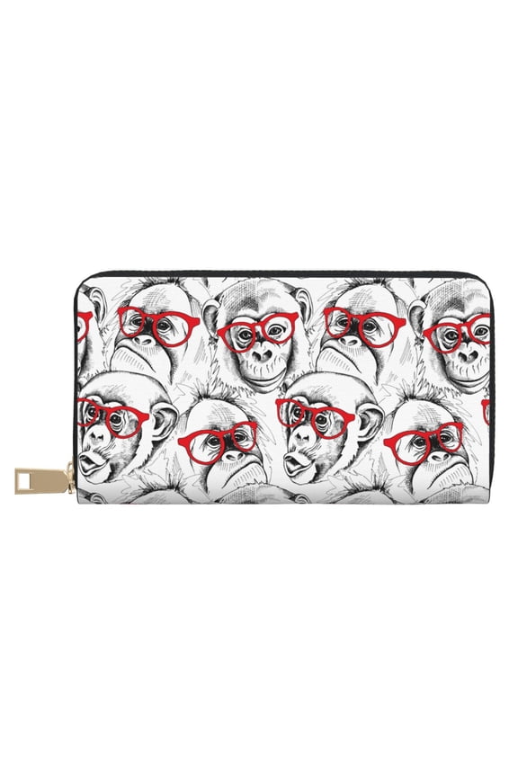 Leather Thin Slim Wallets for Women Men - Monkey Clutch Card Wallet for Women Men with Zipper