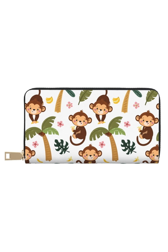 Leather Thin Slim Wallets for Women Men - Monkeys Swinging from Palms Clutch Card Wallet for Women Men with Zipper