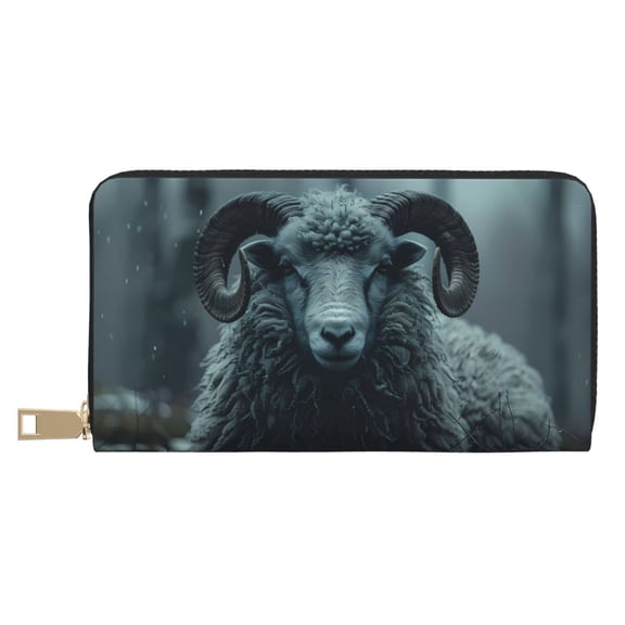 Leather Thin Slim Wallets for Women Men - Moody Ram Portrait Clutch Card Wallet for Women Men with Zipper