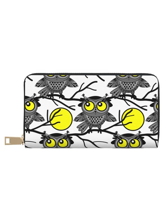 Leather Thin Slim Wallets for Women Men - Moon Owl - White Clutch Card Wallet for Women Men with Zipper