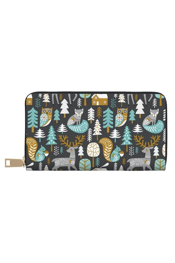 Leather Thin Slim Wallets for Women Men - Moose Squirrel owls tree Clutch Card Wallet for Women Men with Zipper