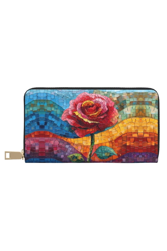 Leather Thin Slim Wallets for Women Men - Mosaic Rose Art Piece Clutch Card Wallet for Women Men with Zipper
