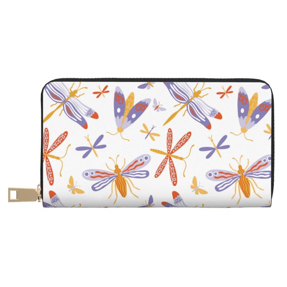 Leather Thin Slim Wallets for Women Men - Moths Dragonflies Butterflies Clutch Card Wallet for Women Men with Zipper