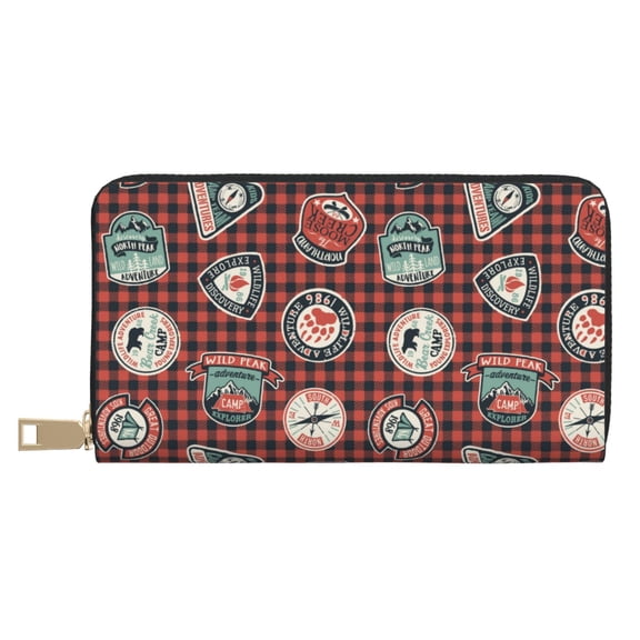 Leather Thin Slim Wallets for Women Men - Mountain Adventure Badges Clutch Card Wallet for Women Men with Zipper