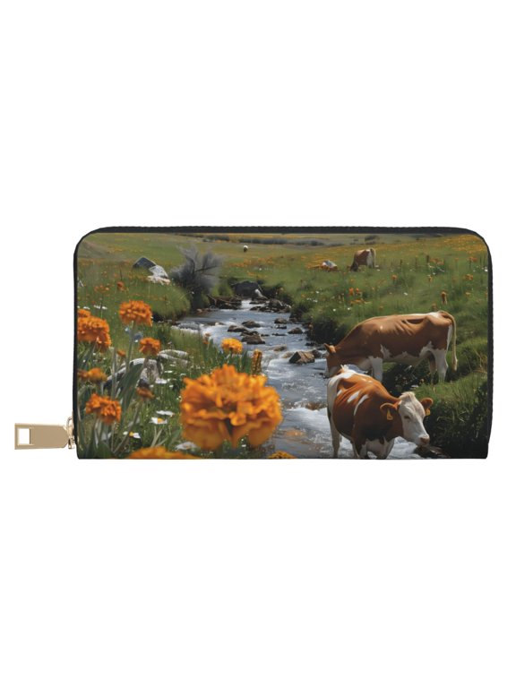 Leather Thin Slim Wallets for Women Men - Mountain Cows Flower Stream Clutch Card Wallet for Women Men with Zipper