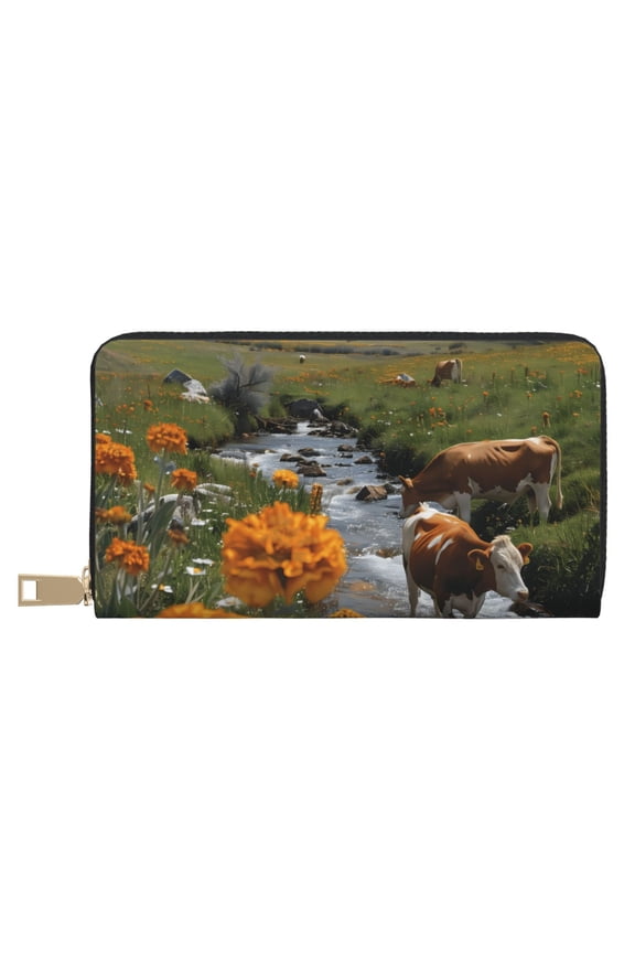 Leather Thin Slim Wallets for Women Men - Mountain Cows Flower Stream Clutch Card Wallet for Women Men with Zipper