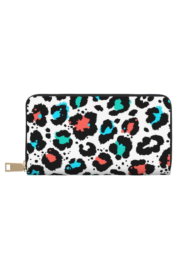 Leather Thin Slim Wallets for Women Men - Multicolor Leopard Print Clutch Card Wallet for Women Men with Zipper