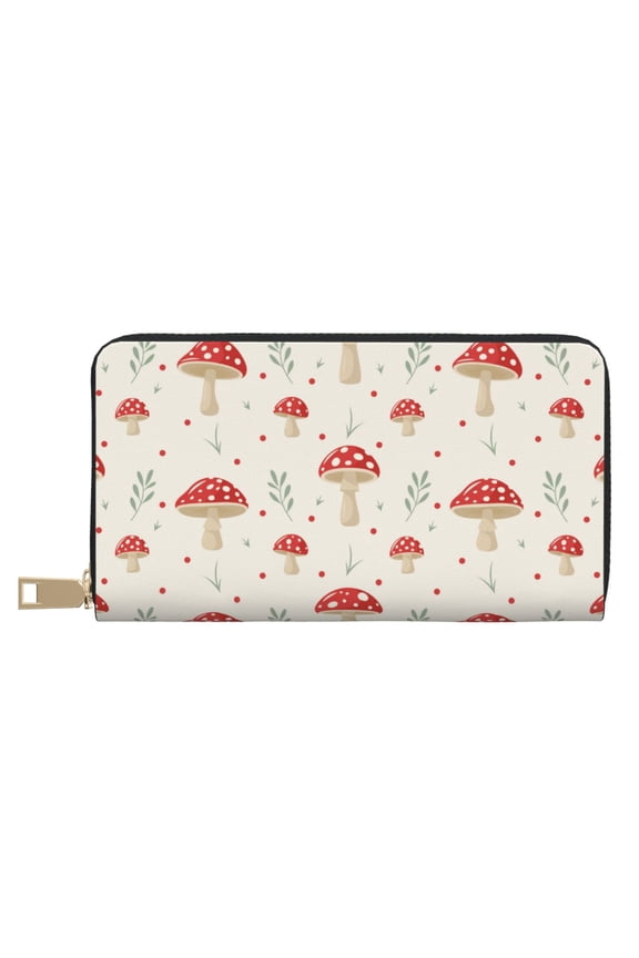 Leather Thin Slim Wallets for Women Men - Mushroom print Clutch Card Wallet for Women Men with Zipper