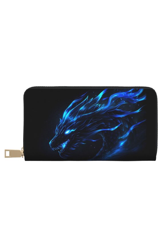 Leather Thin Slim Wallets for Women Men - Mystic Blue Dragon Flames Clutch Card Wallet for Women Men with Zipper