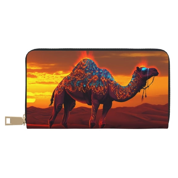 Leather Thin Slim Wallets for Women Men - Mystical Sunset Camel Clutch Card Wallet for Women Men with Zipper