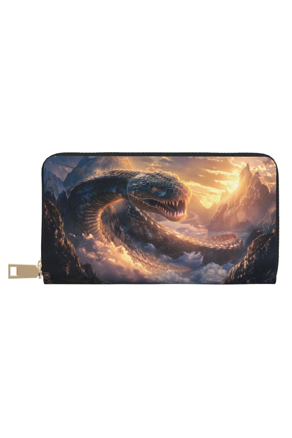 Leather Thin Slim Wallets for Women Men - Mythical Serpent Mountain Sunrise Clutch Card Wallet for Women Men with Zipper