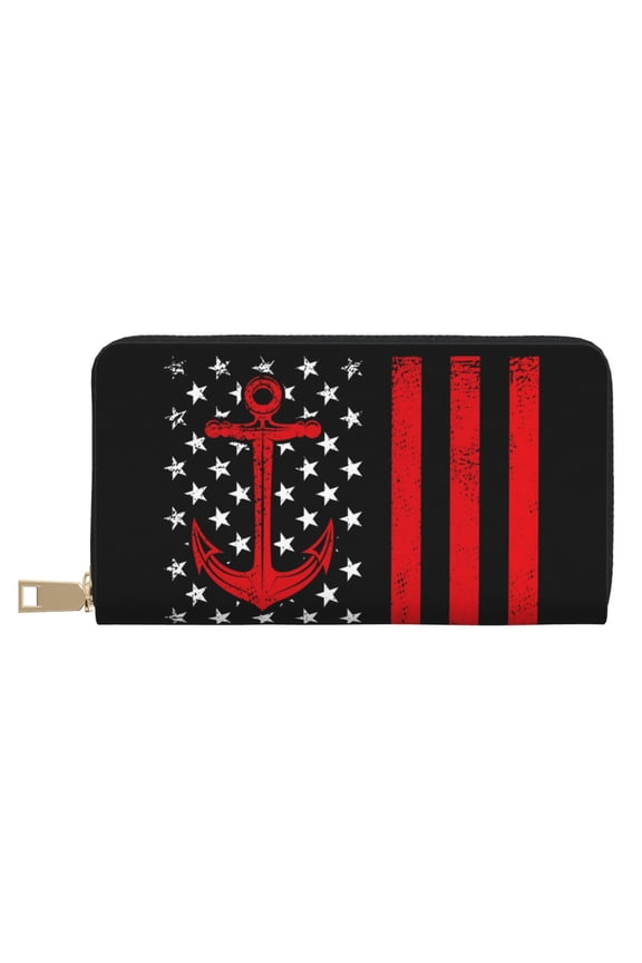 Leather Thin Slim Wallets for Women Men - Nautical American Flag Clutch Card Wallet for Women Men with Zipper