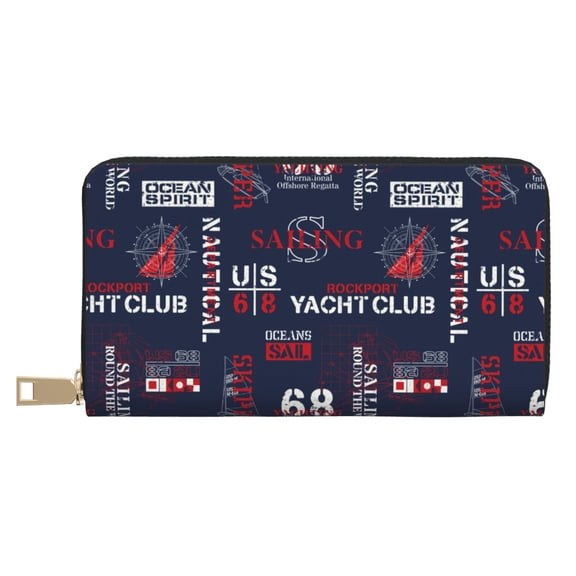 Leather Thin Slim Wallets for Women Men - Nautical Style Sailboat Clutch Card Wallet for Women Men with Zipper