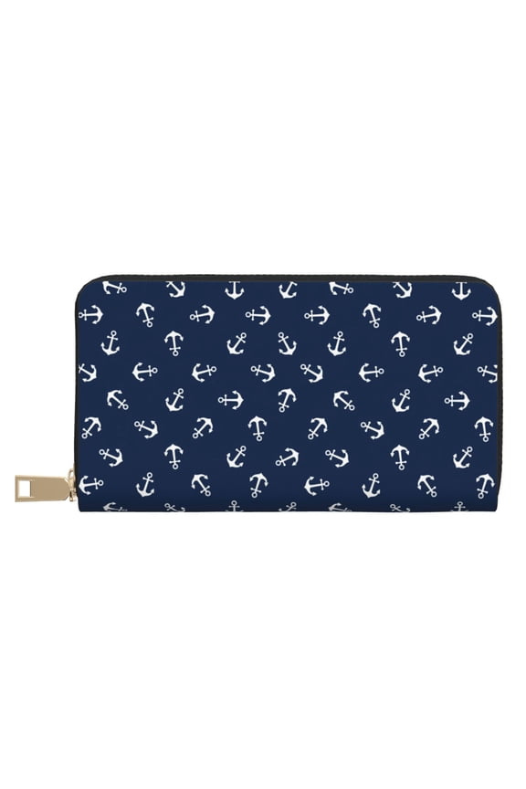 Leather Thin Slim Wallets for Women Men - Nautical Themed Anchors Clutch Card Wallet for Women Men with Zipper