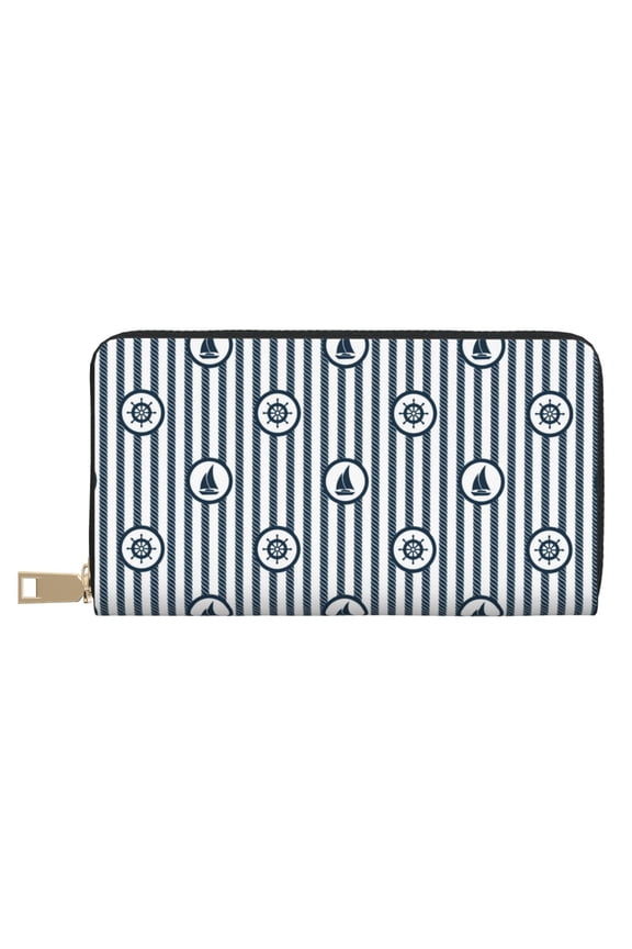 Leather Thin Slim Wallets for Women Men - Nautical1 Clutch Card Wallet for Women Men with Zipper
