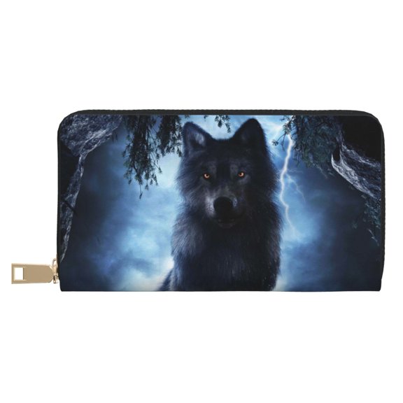 Leather Thin Slim Wallets for Women Men - Night Scene of Wolves Clutch Card Wallet for Women Men with Zipper