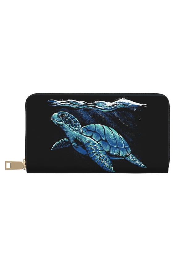 Leather Thin Slim Wallets for Women Men - Ocean Turtle Clutch Card Wallet for Women Men with Zipper
