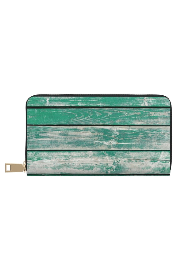 Leather Thin Slim Wallets for Women Men - Old Green Wooden Clutch Card Wallet for Women Men with Zipper