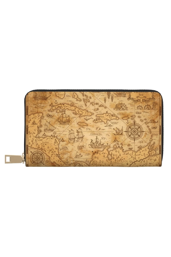 Leather Thin Slim Wallets for Women Men - Old Vintage Map Of Sea Clutch Card Wallet for Women Men with Zipper