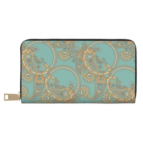 Leather Thin Slim Wallets for Women Men - Orange Green White Paisley Clutch Card Wallet for Women Men with Zipper