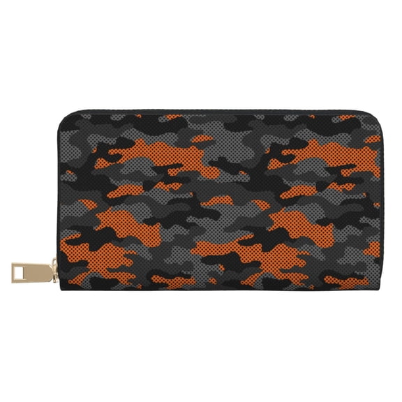 Leather Thin Slim Wallets for Women Men - Orange Grey Camouflage Clutch Card Wallet for Women Men with Zipper