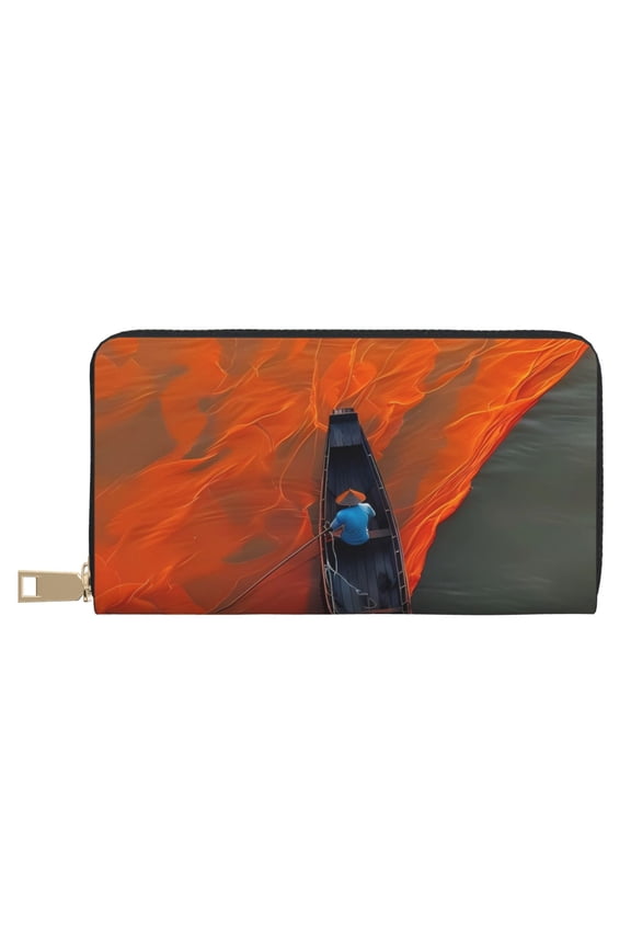 Leather Thin Slim Wallets for Women Men - Orange Net Fishing Boat Clutch Card Wallet for Women Men with Zipper