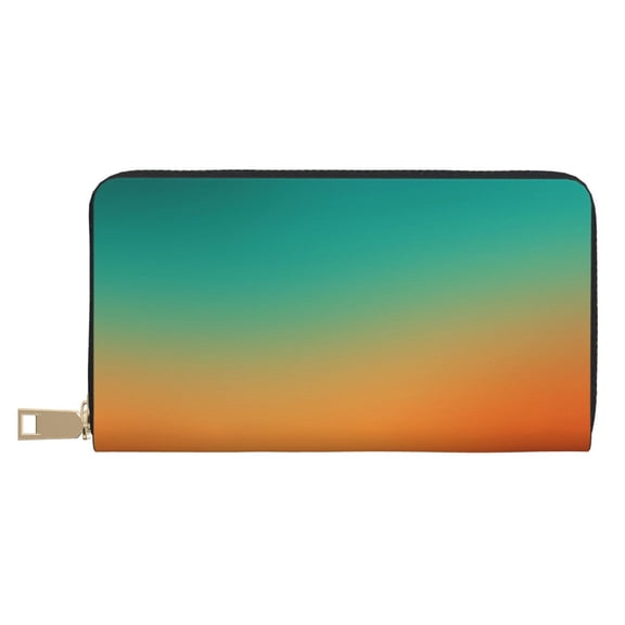 Leather Thin Slim Wallets for Women Men - Orange To Teal Gradient1 Clutch Card Wallet for Women Men with Zipper