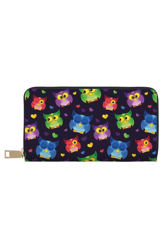 Leather Thin Slim Wallets for Women Men - Owls And Hearts Clutch Card Wallet for Women Men with Zipper