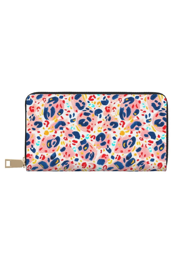 Leather Thin Slim Wallets for Women Men - Painted Abstract Leopard Print Clutch Card Wallet for Women Men with Zipper