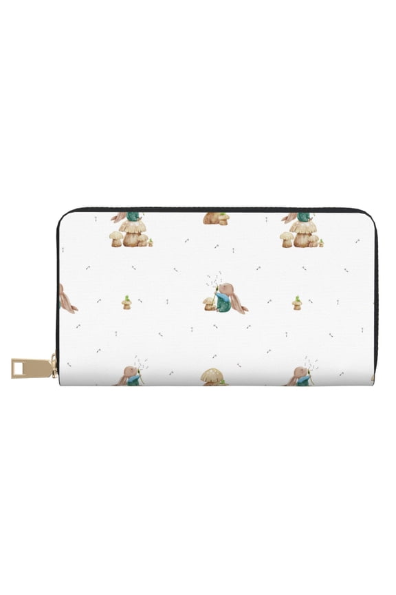 Leather Thin Slim Wallets for Women Men - Painted Funny Cute Rabbit Mushroom Clutch Card Wallet for Women Men with Zipper