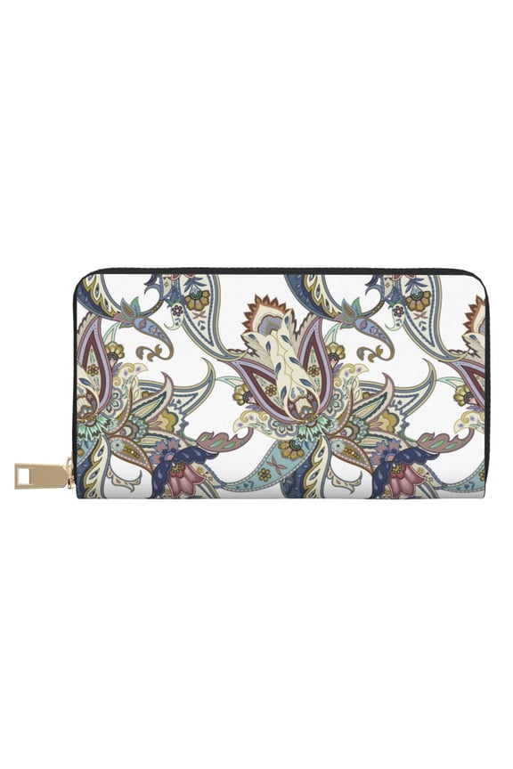 Leather Thin Slim Wallets for Women Men - Paisley Pattern No.9022 Clutch Card Wallet for Women Men with Zipper
