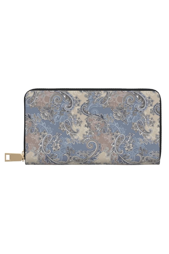 Leather Thin Slim Wallets for Women Men - Paisley Pattern No.9066 Clutch Card Wallet for Women Men with Zipper