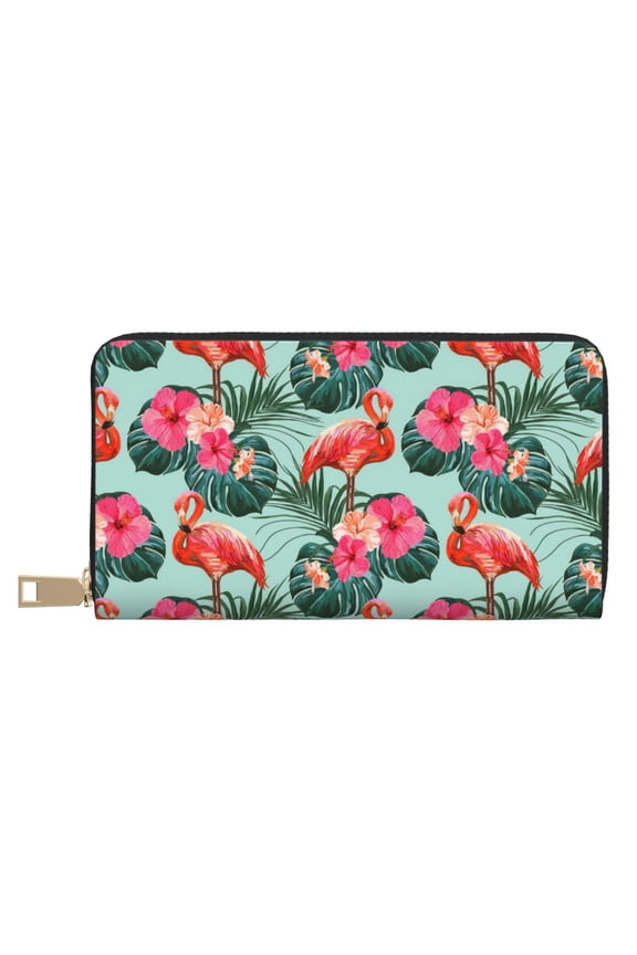Leather Thin Slim Wallets for Women Men - Palm Leaves Flamingo Clutch Card Wallet for Women Men with Zipper