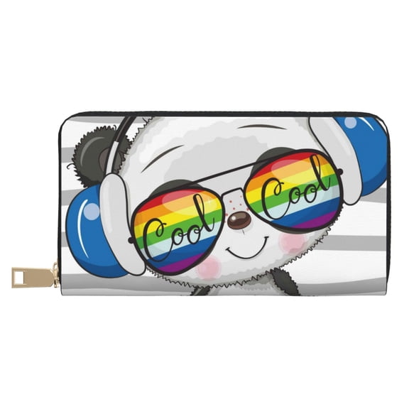 Leather Thin Slim Wallets for Women Men - Panda with Sun glasses Clutch Card Wallet for Women Men with Zipper