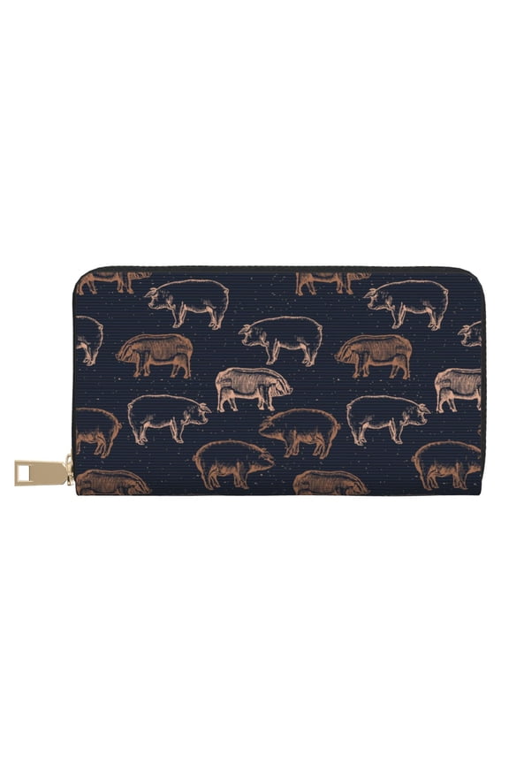 Leather Thin Slim Wallets for Women Men - Pig Farm Clutch Card Wallet for Women Men with Zipper