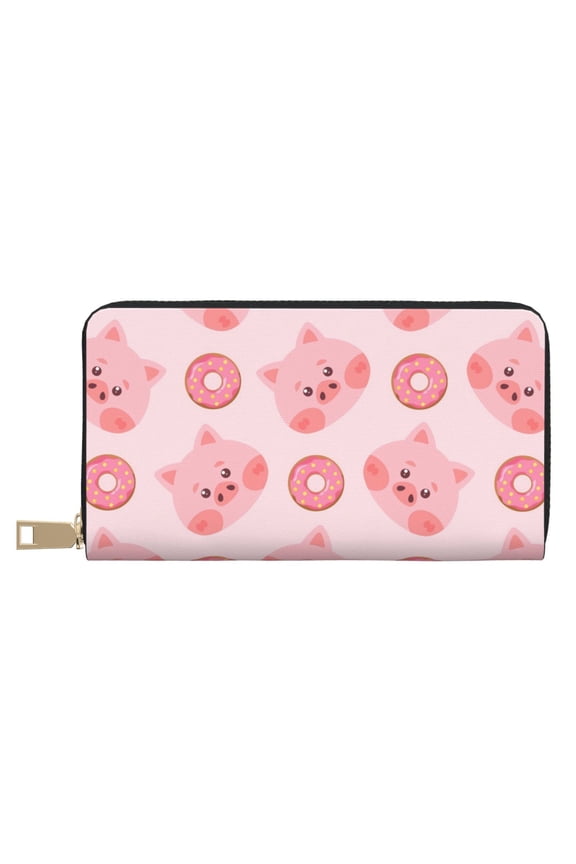 Leather Thin Slim Wallets for Women Men - Pigs Head And Donuts Clutch Card Wallet for Women Men with Zipper