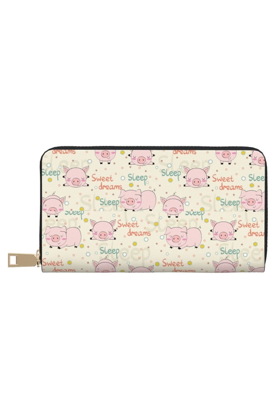 Leather Thin Slim Wallets for Women Men - Pigs Sleep Clutch Card Wallet for Women Men with Zipper