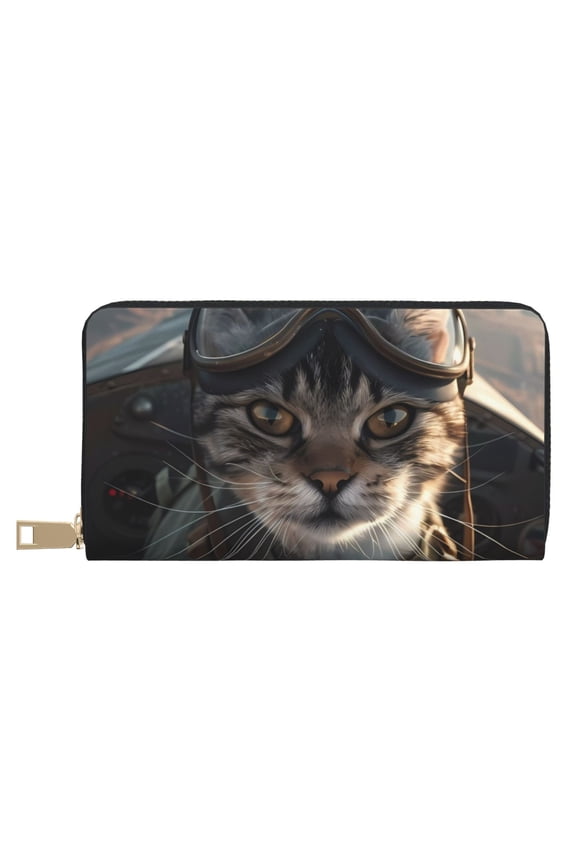 Leather Thin Slim Wallets for Women Men - Pilot Cat In Vintage Plane Clutch Card Wallet for Women Men with Zipper