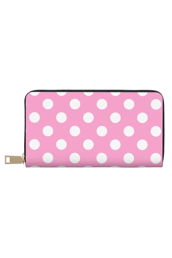 Leather Thin Slim Wallets for Women Men - Pink And White Polka Dot Clutch Card Wallet for Women Men with Zipper