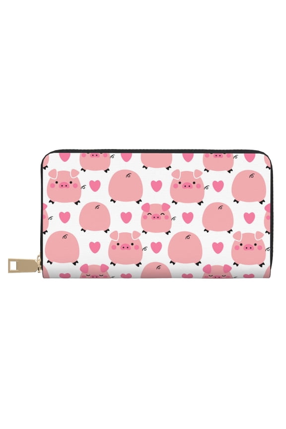 Leather Thin Slim Wallets for Women Men - Pink Cartoon Cute Pig Heart Clutch Card Wallet for Women Men with Zipper