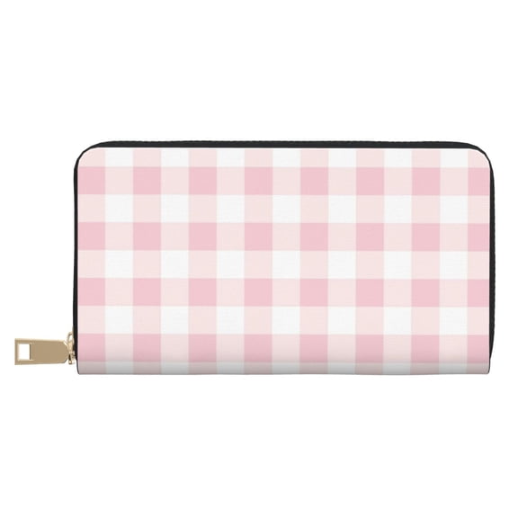 Leather Thin Slim Wallets for Women Men - Pink Checkboard A Clutch Card Wallet for Women Men with Zipper