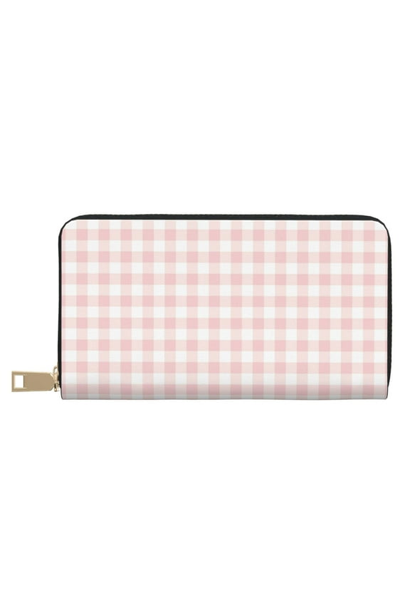Leather Thin Slim Wallets for Women Men - Pink Checkboard Clutch Card Wallet for Women Men with Zipper