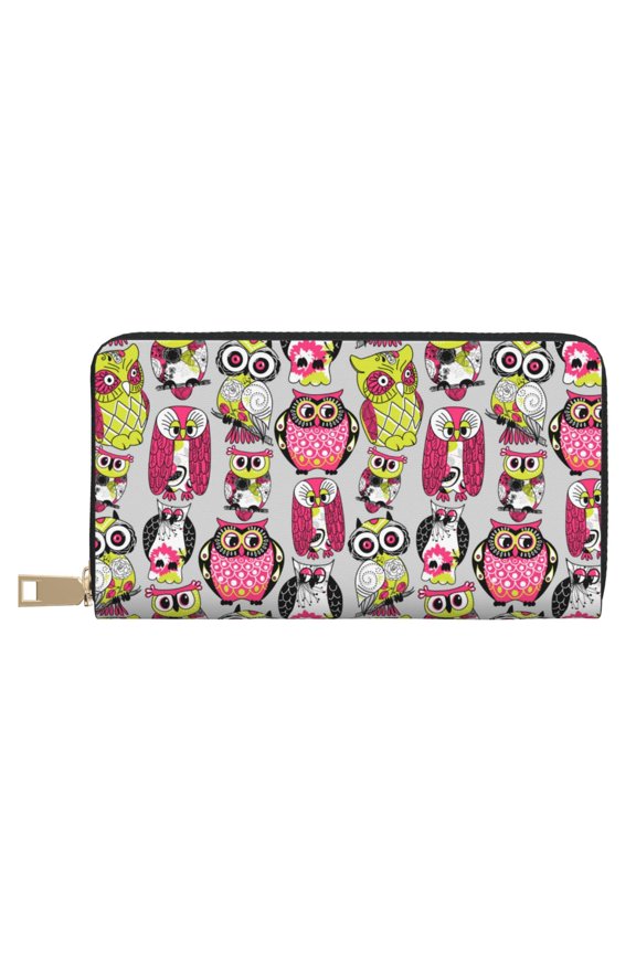 Leather Thin Slim Wallets for Women Men - Pink Green Owl Clutch Card Wallet for Women Men with Zipper
