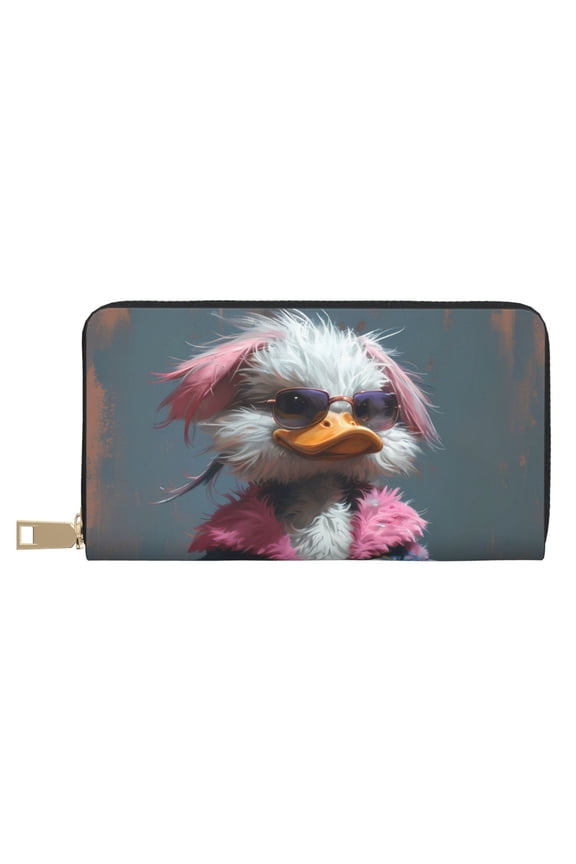Leather Thin Slim Wallets for Women Men - Pink Lady Duck Clutch Card Wallet for Women Men with Zipper