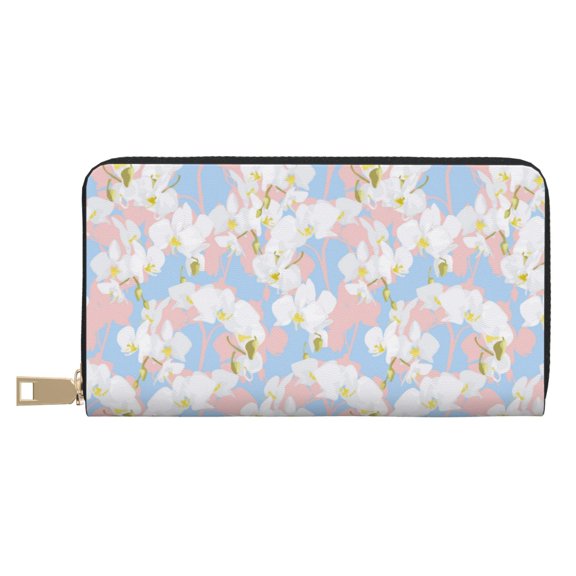 Leather Thin Slim Wallets for Women Men - Pink White Orchids Flowers Clutch Card Wallet for Women Men with Zipper