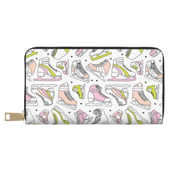 Leather Thin Slim Wallets for Women Men - Pink skates Clutch Card Wallet for Women Men with Zipper