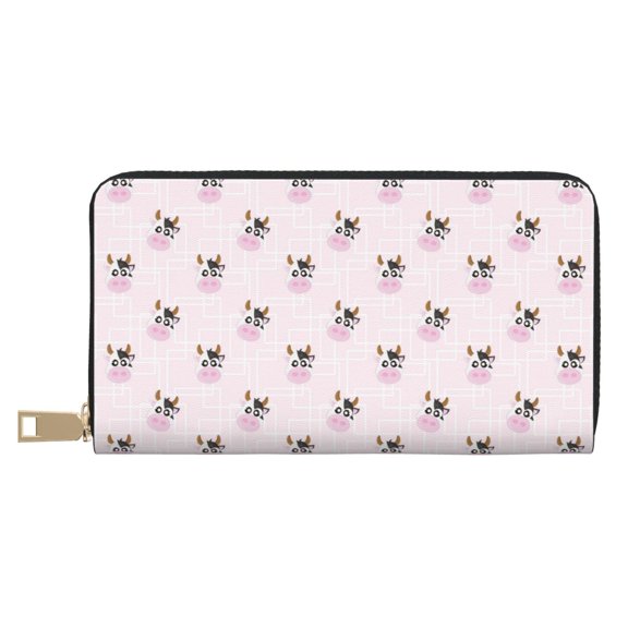 Leather Thin Slim Wallets for Women Men - Plaid Cartoon Cute Bull Head Pink Clutch Card Wallet for Women Men with Zipper