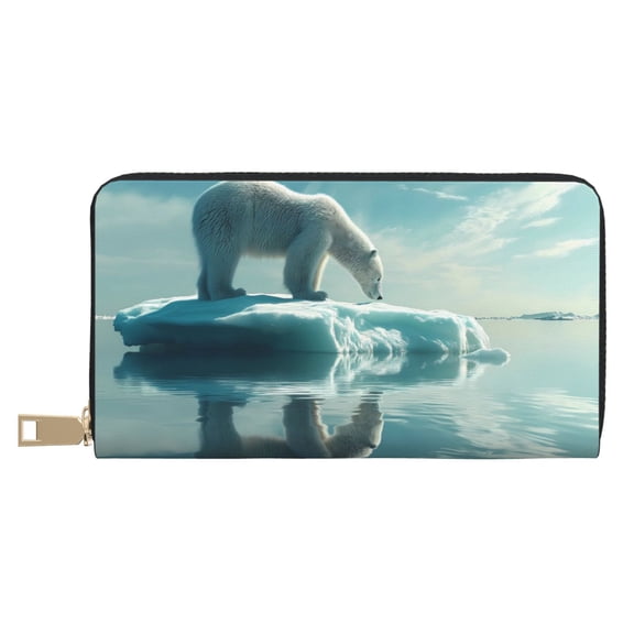 Leather Thin Slim Wallets for Women Men - Polar Bear On Iceberg Clutch Card Wallet for Women Men with Zipper