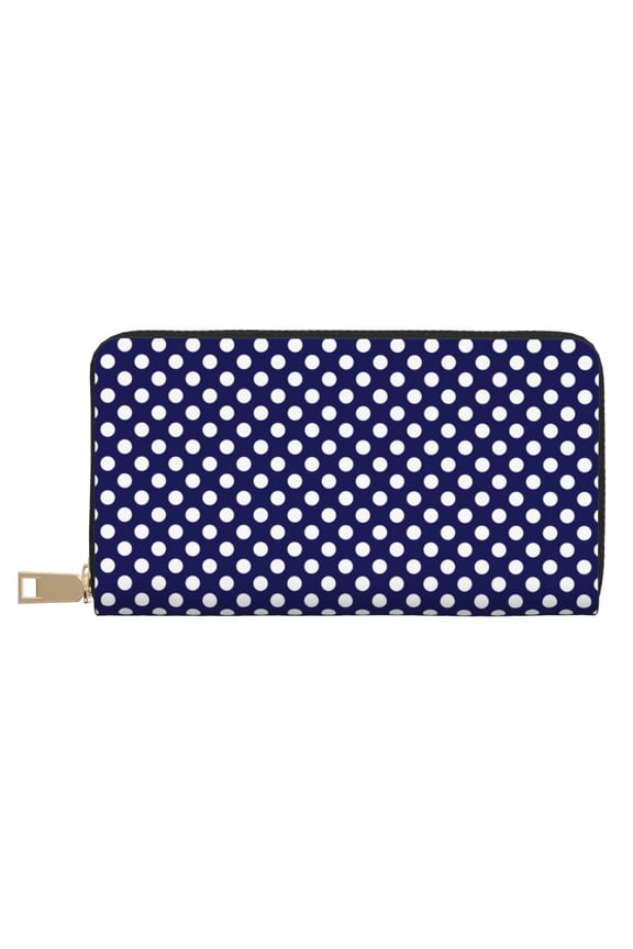 Leather Thin Slim Wallets for Women Men - Polka dot navyblue Clutch Card Wallet for Women Men with Zipper