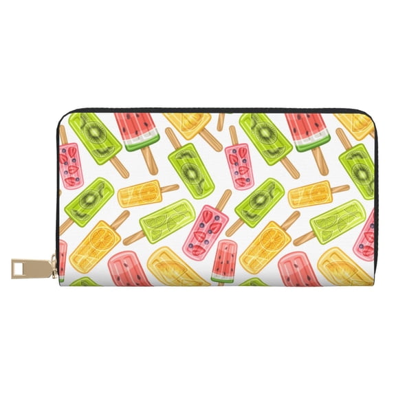 Leather Thin Slim Wallets for Women Men - Popsicle pattern Clutch Card Wallet for Women Men with Zipper